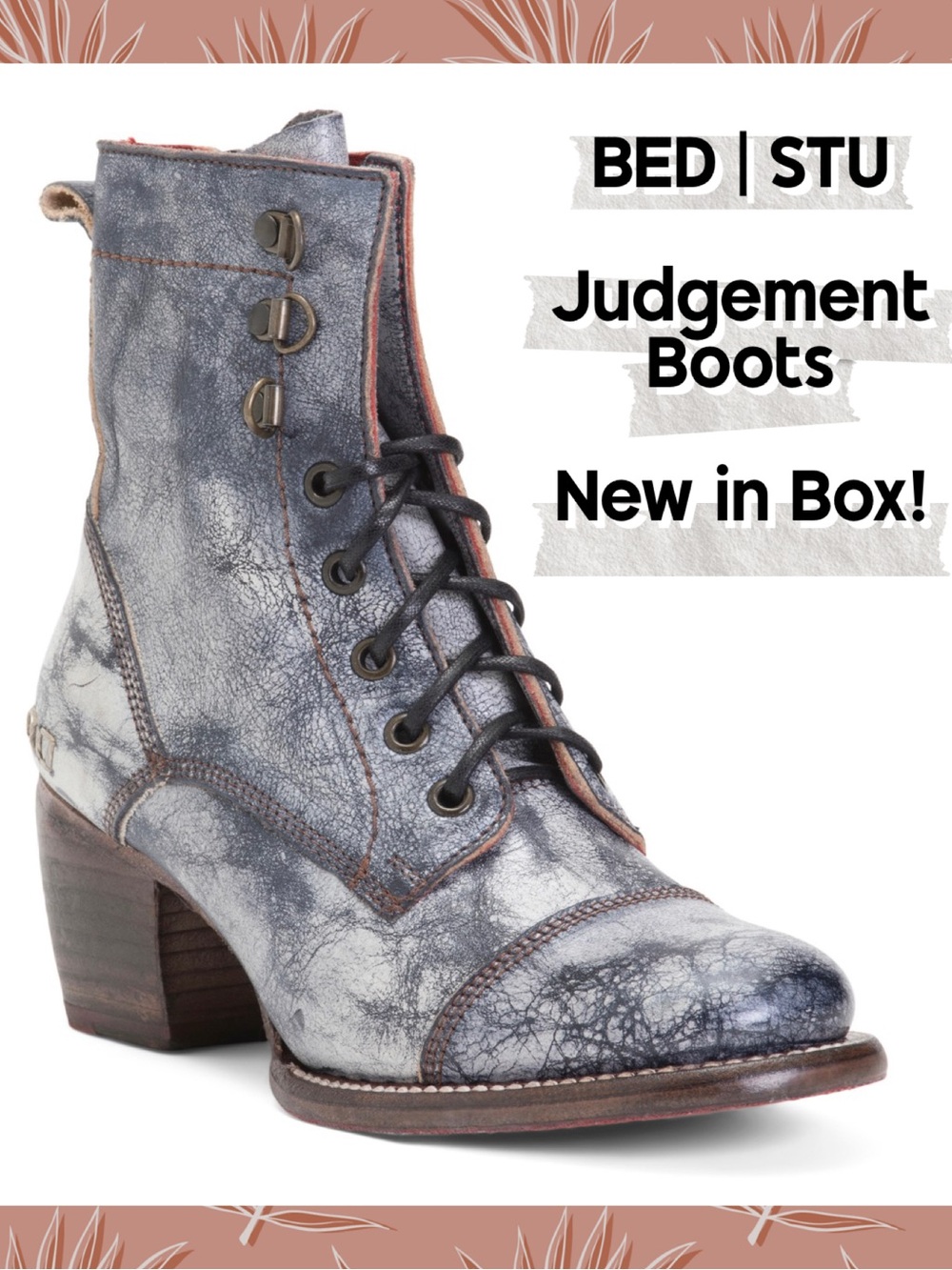 Bed Stu, Size 9, Judgement Boots, Mid-Calf, 2.75” Heal, Black, White, NEW in BOX